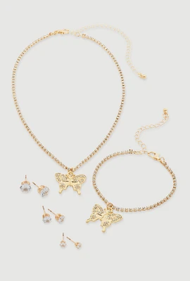 Womens Cubic Zirconia Butterfly Necklace and Bracelet with Stud Earrings Set of 5, Gold