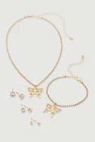 Womens Cubic Zirconia Butterfly Necklace and Bracelet with Stud Earrings Set of 5, Gold