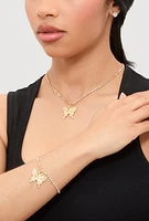 Womens Cubic Zirconia Butterfly Necklace and Bracelet with Stud Earrings Set of 5, Gold