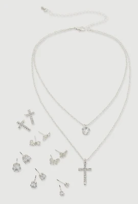 Womens Rhinestone Layered Cross Necklace with Stud Earrings, Silver