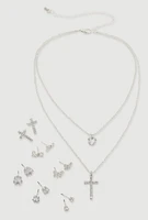 Womens Rhinestone Layered Cross Necklace with Stud Earrings, Silver