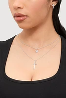 Womens Rhinestone Layered Cross Necklace with Stud Earrings, Silver