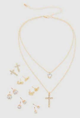Womens Rhinestone Layered Cross Necklace with Stud Earrings,