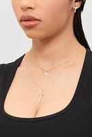 Womens Rhinestone Layered Cross Necklace with Stud Earrings,