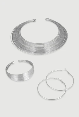 Womens Metallic Choker Necklace with Hoop Earrings and Cuff Bracelet, Silver