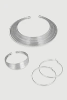 Womens Metallic Choker Necklace with Hoop Earrings and Cuff Bracelet, Silver