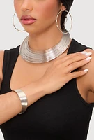 Womens Metallic Choker Necklace with Hoop Earrings and Cuff Bracelet, Silver
