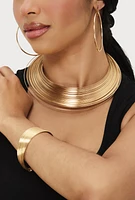 Womens Metallic Choker Necklace with Hoop Earrings and Cuff Bracelet, Gold