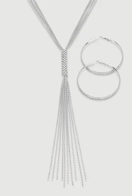 Womens Tassel Chain Necklace and Hoop Earrings, Silver