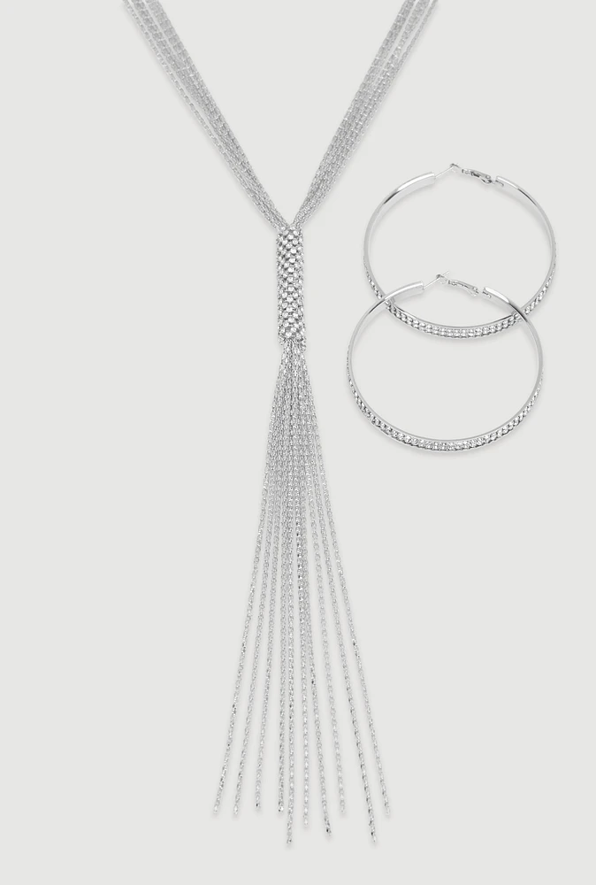 Womens Tassel Chain Necklace and Hoop Earrings, Silver