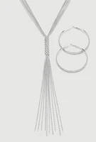 Womens Tassel Chain Necklace and Hoop Earrings, Silver