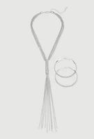Womens Tassel Chain Necklace and Hoop Earrings, Silver