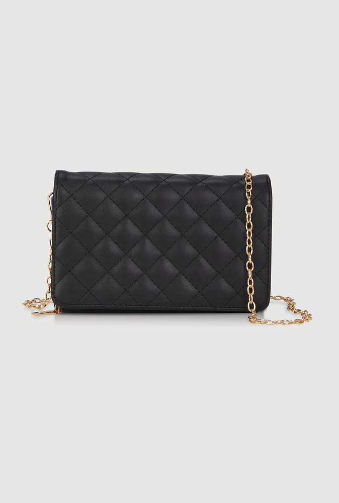 Womens Chic Metallic Faux Leather Fold Over Clutch with Removable Straps, Black