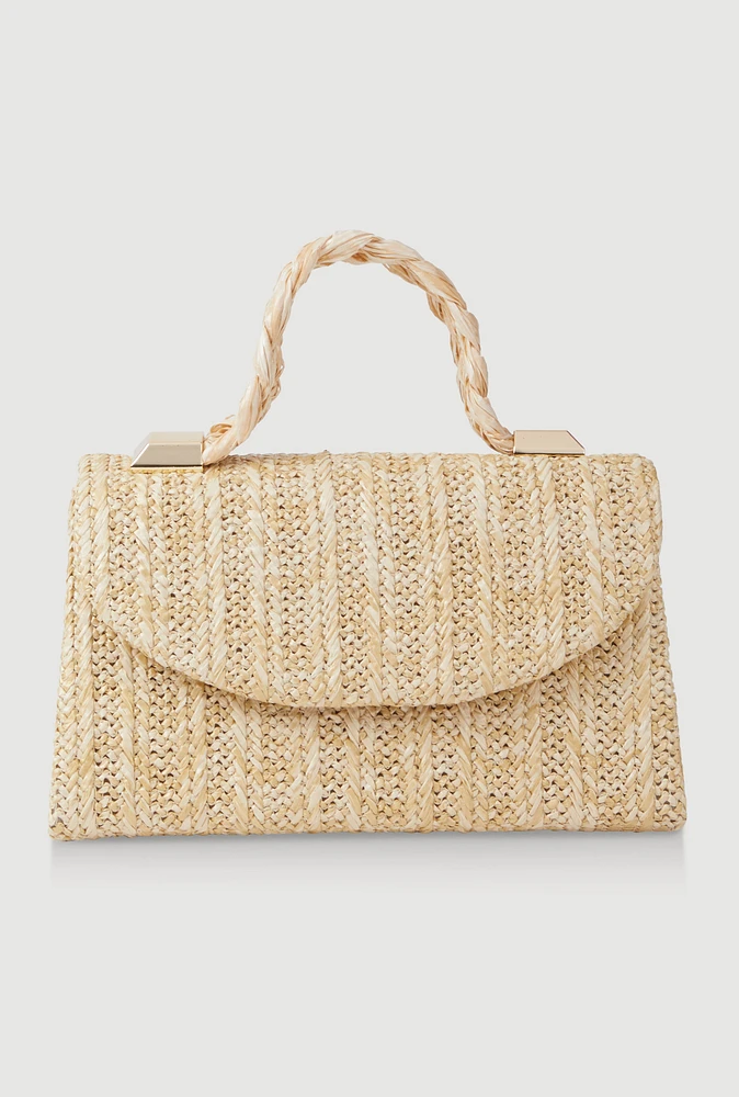 Womens Top Handle Straw Handbag, Beige
