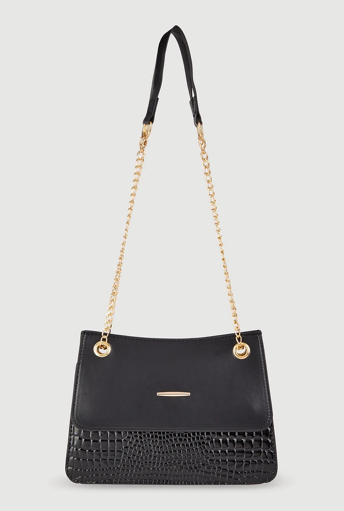 Womens Chic Metallic Faux Leather Crossbody Bag with Removable Strap, Black