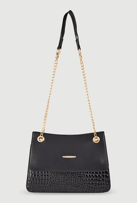 Womens Chic Metallic Faux Leather Crossbody Bag with Removable Strap, Black