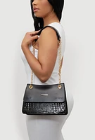 Womens Chic Metallic Faux Leather Crossbody Bag with Removable Strap, Black