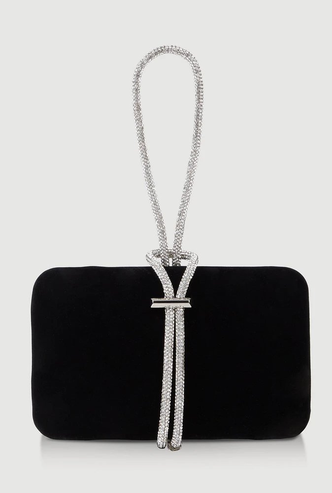 Womens Rhinestone Rope Faux Suede Crossbody Clutch Bag, Black