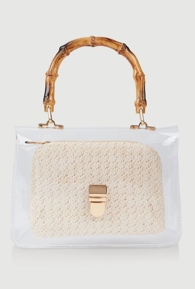 Womens Bamboo Handle Clear Handbag with Pouch, Beige
