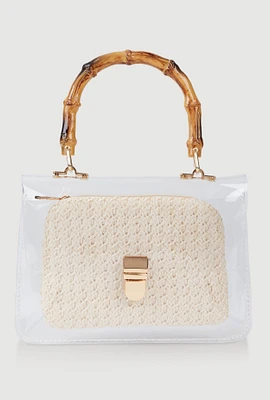 Womens Bamboo Handle Clear Handbag with Pouch, Beige