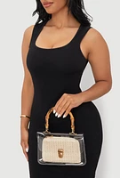 Womens Bamboo Handle Clear Handbag with Pouch, Beige