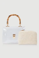 Womens Bamboo Handle Clear Handbag with Pouch, Beige