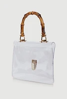 Womens Bamboo Handle Clear Handbag with Pouch, Beige