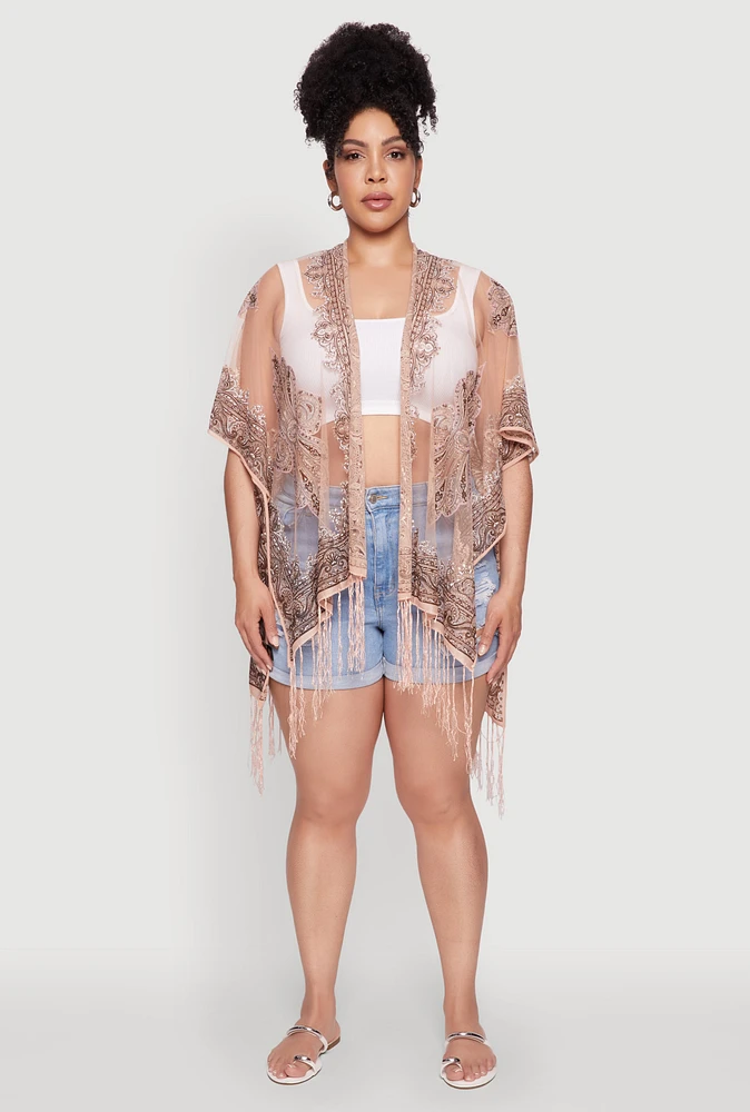 Womens Paisley Cover Up Kimono with Fringe, Pink