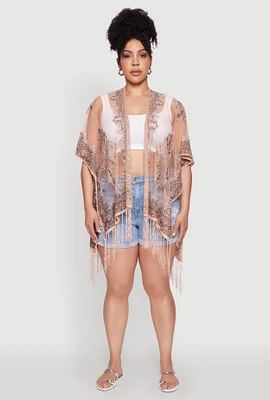 Womens Paisley Cover Up Kimono with Fringe, Pink