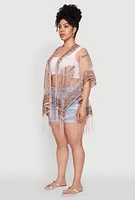 Womens Paisley Cover Up Kimono with Fringe, Pink