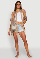 Womens Paisley Cover Up Kimono with Fringe, Pink