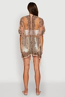 Womens Paisley Cover Up Kimono with Fringe, Pink
