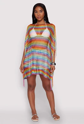 Womens Chevron Striped Fringe Cover Up, Multi