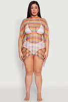 Womens Chevron Striped Fringe Cover Up, Multi