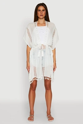 Womens Elegant Crochet Detail Cover Up with Tassels, White