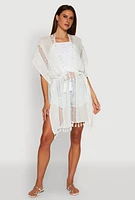 Womens Elegant Crochet Detail Cover Up with Tassels, White