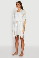 Womens Elegant Crochet Detail Cover Up with Tassels, White