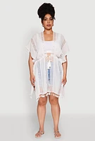 Womens Elegant Crochet Detail Cover Up with Tassels, White