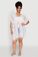 Womens Elegant Crochet Detail Cover Up with Tassels, White