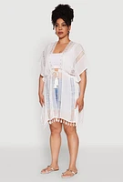 Womens Elegant Crochet Detail Cover Up with Tassels, White
