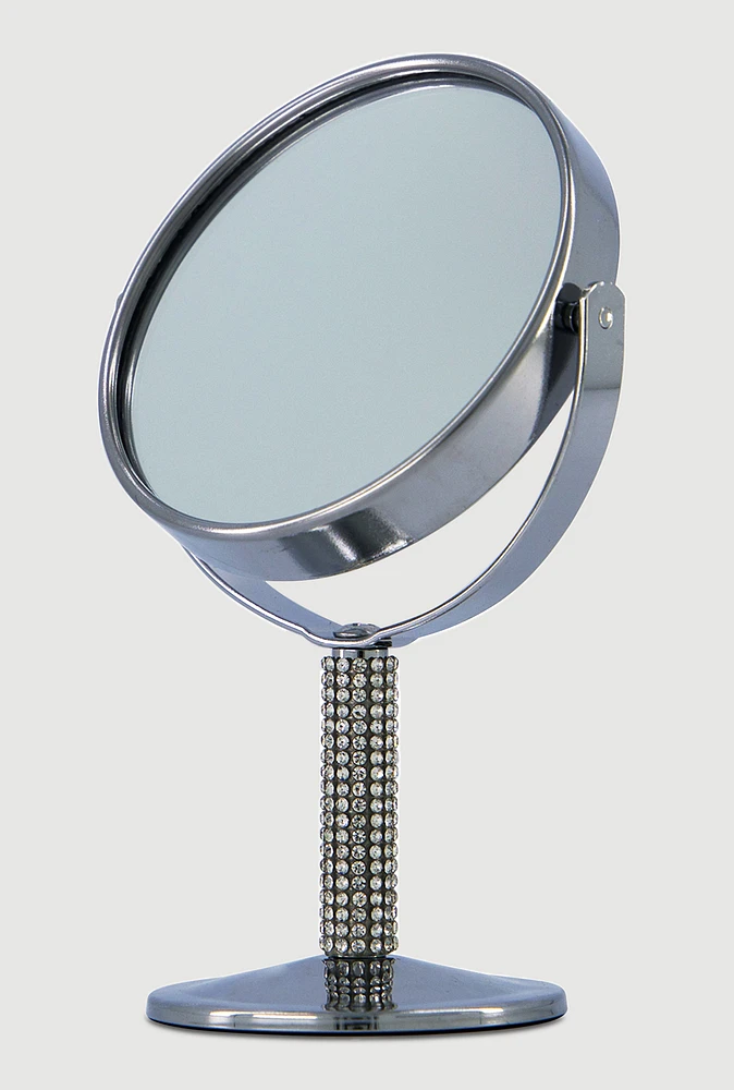 Womens Double Sided Rhinestone Vanity Mirror, Silver