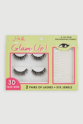 Womens Elegant False Eyelashes with Holographic Pearls for Glam Makeup, Black