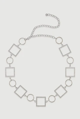 Womens Metallic Rhinestone Multi Shape Chain Belt, Silver, Size S-M