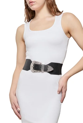 Womens Rhinestone Studded Western Buckle Stretch Belt, Black, Size S-M