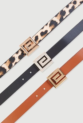 Womens Greek Key Buckle Faux Leather Belts 3 Pack, Multi, Size M-L