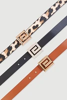 Womens Greek Key Buckle Faux Leather Belts 3 Pack, Multi, Size M-L