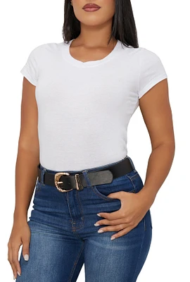 Womens Metallic Buckle Faux Leather Belt, Black, Size M-L