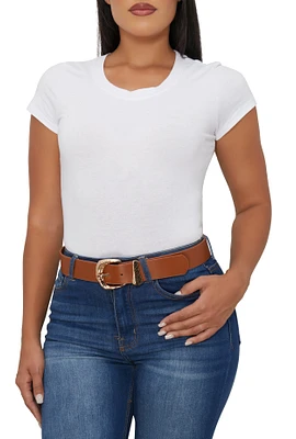 Womens Metallic Buckle Faux Leather Belt, Brown, Size S-M