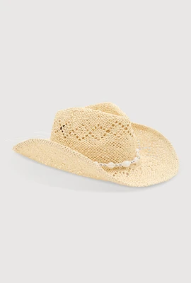 Womens Beaded Trim Straw Cowboy Hat, Beige