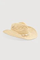 Womens Beaded Trim Straw Cowboy Hat, Beige
